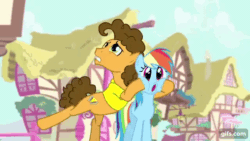 Size: 640x360 | Tagged: safe, screencap, cheese sandwich, rainbow dash, earth pony, pegasus, pony, g4, pinkie pride, season 4, animated, duo, female, gif, gifs.com, male, mare, nose in the air, open mouth, open smile, smiling, stallion, wide eyes
