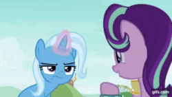 Size: 640x360 | Tagged: safe, screencap, starlight glimmer, trixie, pony, unicorn, g4, season 9, student counsel, animated, drinking, duo, female, gif, gifs.com, magic, mare, open mouth, open smile, smiling, telekinesis, trixie is not amused, unamused