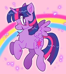 Size: 1842x2048 | Tagged: safe, artist:alexbeeza, twilight sparkle, alicorn, pony, g4, female, flying, looking at you, mare, pink background, rainbow, simple background, solo, sparkles, twilight sparkle (alicorn)