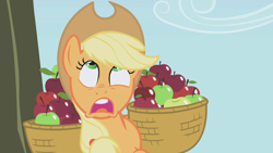 Size: 1280x720 | Tagged: safe, screencap, applejack, earth pony, pony, applebuck season, g4, season 1, apple, applejack is best facemaker, applejack's hat, bucket, cowboy hat, faic, female, food, hat, looking up, mare, open mouth, silly, silly pony, solo, tree, who's a silly pony