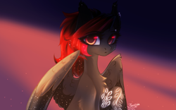 Size: 1600x1000 | Tagged: safe, artist:jsunlight, oc, oc only, oc:julia_sunlight, pegasus, pony, abstract background, backlighting, brown coat, cheek fluff, chest fluff, colored pupils, colored wings, colored wingtips, eye clipping through hair, female, floral markings, lighting, looking at you, mare, partially open wings, red eyes, red mane, solo, two toned wings, wings