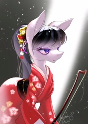 Size: 1448x2048 | Tagged: safe, artist:hauntedtuba, octavia melody, earth pony, pony, g4, alternate hairstyle, bow, clothes, female, flower, flower in hair, kimono (clothing), mare, solo