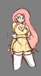 Size: 1335x2498 | Tagged: safe, artist:solid shrimp, fluttershy, human, g4, boob window, breasts, busty fluttershy, clothes, dress, female, gray background, heart shaped boob window, humanized, simple background, sketch, socks, solo, thigh highs