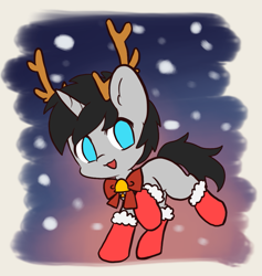 Size: 839x885 | Tagged: safe, artist:delta_mk9, artist:yilo, oc, oc only, oc:cyan delta, pony, unicorn, chibi, christmas, clothes, cute, holiday, male, ocbetes, snow, socks, solo, stallion