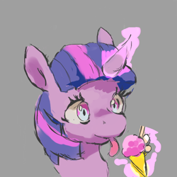 Size: 512x512 | Tagged: safe, artist:creamyogurt, twilight sparkle, pony, unicorn, g4, bust, female, food, glowing, glowing horn, gray background, horn, ice cream, ice cream cone, magic, mare, simple background, solo, telekinesis, three quarter view, tongue out