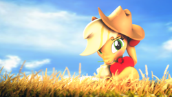 Size: 3840x2160 | Tagged: safe, artist:lagmanor, part of a set, applejack, earth pony, pony, 3d, blushing, embarrassed, female, field, flower, flower in mouth, food, hat, heart, hearts and hooves day, high res, holiday, hoof hold, hooves, looking at you, mane, mare, mouth hold, raised leg, rose, rose in mouth, shy, sitting, smiling, smiling at you, solo, source filmmaker, valentine's day, wheat