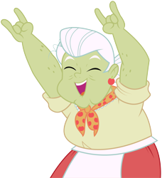 Size: 8364x9185 | Tagged: safe, artist:wissle, granny smith, equestria girls, g4, absurd resolution, arms in the air, cheering, clothes, cute, devil horn (gesture), eyes closed, female, happy, open mouth, simple background, smiling, solo, transparent background, vector