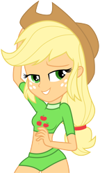 Size: 5328x9254 | Tagged: safe, artist:cloudy glow, artist:wissle, applejack, equestria girls, g4, absurd resolution, applejack's hat, arm behind head, bedroom eyes, belly button, breasts, clothes, cowboy hat, cute, female, hat, jackabetes, looking at you, midriff, sexy, simple background, smiling, stupid sexy applejack, sultry pose, swimsuit, transparent background, vector