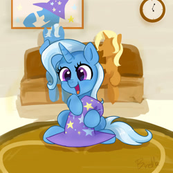 Size: 1280x1280 | Tagged: safe, artist:brella, jack pot, sunflower spectacle, trixie, pony, unicorn, g4, clock, clothes, couch, cute, diatrixes, eyelashes, female, filly, filly trixie, foal, happy, hat, horn, male, mare, open mouth, open smile, smiling, stallion, tail, trixie's hat, younger
