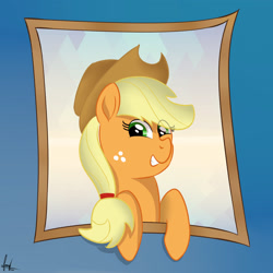 Size: 2400x2400 | Tagged: safe, artist:habiepon3, applejack, earth pony, pony, g4, applejack's hat, bust, cowboy hat, cute, female, frame, hat, high res, looking at you, mare, smiling, solo