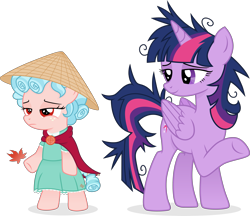 Size: 3789x3275 | Tagged: safe, artist:cirillaq, cozy glow, twilight sparkle, oc, oc:cozy glick, alicorn, pegasus, pony, g4, "fury" mode, asian conical hat, bipedal, clone, clothes, dress, female, filly, foal, hat, high res, leaf, messy mane, messy tail, mother and child, mother and daughter, puffy sleeves, simple background, tail, transparent background, twilight snapple, twilight sparkle (alicorn), vector