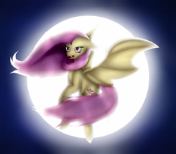 Size: 2618x2291 | Tagged: safe, artist:maneblue, fluttershy, bat pony, pony, bats!, g4, bat ponified, bat wings, female, flutterbat, flying, full moon, high res, mare, moon, outdoors, race swap, solo, wings