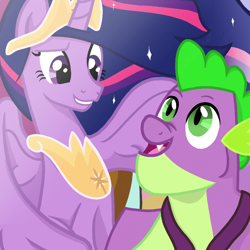 Size: 720x720 | Tagged: safe, artist:sallyso, spike, twilight sparkle, alicorn, dragon, pony, g4, the last problem, bust, duo, ethereal mane, eyelashes, female, gigachad spike, grin, jewelry, male, mare, necklace, older, older spike, older twilight, older twilight sparkle (alicorn), peytral, princess twilight 2.0, smiling, starry mane, tiara, twilight sparkle (alicorn)