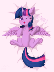 Size: 2160x2880 | Tagged: safe, artist:hsf, twilight sparkle, alicorn, pony, bed, chest fluff, cute, dock, female, frog (hoof), looking at you, lying down, mare, nyan, on back, on bed, one eye closed, solo, spread wings, tail, tongue out, twiabetes, twilight sparkle (alicorn), underhoof, wings, wink, winking at you