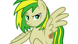 Size: 1280x720 | Tagged: safe, artist:sallyso, oc, oc only, oc:wooden toaster, pegasus, pony, dreamworks face, female, mare, pegasus oc, raised eyebrow, simple background, smiling, solo, spread wings, two toned mane, white background, wings
