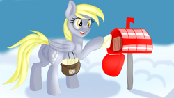 Size: 1920x1080 | Tagged: safe, artist:jbond, derpy hooves, pegasus, pony, g4, butt, cloud, cloudy, cute, female, mail, mailbag, mailbox, mailmare, mailpony, mare, open mouth, plot, redraw, solo
