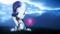Size: 3840x2160 | Tagged: safe, artist:lagmanor, part of a set, rarity, pony, unicorn, g4, 3d, flower, flower in mouth, glowing, glowing horn, grass, grass field, heart, hearts and hooves day, high res, holiday, hooves, horn, looking at you, magic, makeup, mane, moonlight, mouth hold, night, rose, rose in mouth, sitting, solo, source filmmaker, telekinesis, valentine's day