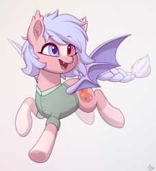 Size: 810x890 | Tagged: safe, artist:luminousdazzle, oc, oc only, oc:scribbles, bat pony, pony, bat pony oc, bat wings, blaze (coat marking), braid, braided tail, clothes, coat markings, cute, ear fluff, ear tufts, eyebrows, eyebrows visible through hair, facial markings, fangs, female, full body, happy, heterochromia, hooves, mare, open mouth, open smile, running, shirt, signature, simple background, smiling, socks (coat markings), solo, spread wings, tail, three quarter view, underhoof, wings
