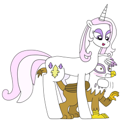 Size: 2373x2343 | Tagged: safe, artist:supahdonarudo, fleur-de-lis, gilda, griffon, pony, unicorn, series:fleurbuary, g4, blushing, high res, looking down, simple background, surprised, this will end in snu snu, transparent background