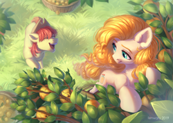 Size: 3507x2480 | Tagged: safe, artist:fenwaru, bright mac, pear butter, earth pony, pony, g4, cottagecore, cute, duo, ear fluff, eyes closed, female, high res, male, mare, open mouth, open smile, pear tree, ship:brightbutter, shipping, smiling, stallion, straight, tree