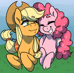Size: 904x889 | Tagged: safe, artist:/d/non, applejack, pinkie pie, earth pony, pony, g4, blonde hair, confetti, duo, eyebrows, eyebrows visible through hair, eyes closed, februpony, female, freckles, grass, green eyes, mare, one eye closed, orange fur, pink fur, pink hair, smiling, wink
