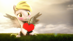 Size: 3840x2160 | Tagged: safe, artist:lagmanor, part of a set, derpy hooves, pegasus, pony, g4, 3d, awkward smile, blushing, derp, derpy being derpy, flower, flower in mouth, grass, grass field, heart, hearts and hooves day, high res, holiday, hoof hold, hooves, looking at you, mane, mouth hold, rose, rose in mouth, sitting, smiling, solo, source filmmaker, spread wings, sunlight, valentine's day, wings