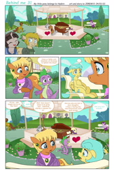 Size: 1536x2300 | Tagged: safe, artist:jeremy3, ms. harshwhinny, spike, sunshower raindrops, oc, oc:valentine, dragon, earth pony, pegasus, pony, unicorn, comic:behind me, g4, alternate universe, bench, cello, clothes, comic, gazebo, house, musical instrument, piano, ponyville