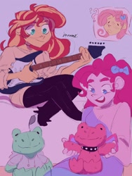 Size: 1536x2048 | Tagged: safe, artist:dreamz, fluttershy, pinkie pie, sunset shimmer, frog, equestria girls, g4, aesthetics, bow, build-a-bear, choker, clothes, curious, electric guitar, female, guitar, hair bow, hoodie, jeans, lesbian, musical instrument, pants, plushie, question mark, ship:sunsetpie, shipping, socks, spiked choker, spring frog, sweater, trio