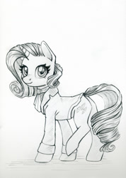 Size: 850x1191 | Tagged: safe, artist:maytee, rarity, pony, unicorn, g4, clothes, cravat, grayscale, monochrome, pencil drawing, smiling, solo, suit, traditional art