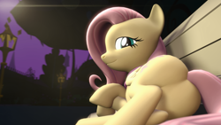 Size: 1280x720 | Tagged: safe, artist:extrachunkthis, fluttershy, pegasus, pony, g4, 3d, bench, butt, clothes, featureless crotch, female, flutterbutt, looking at you, looking back, lying down, mare, on side, plot, scarf, solo, source engine, source filmmaker