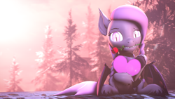 Size: 3840x2160 | Tagged: safe, artist:lagmanor, part of a set, oc, oc only, oc:wintergleam, bat pony, pony, 3d, bat ears, bat eyes, braid, cliff, fangs, flower, flower in mouth, forest, forest background, glowing, glowing eyes, heart, hearts and hooves day, high res, holiday, hoof hold, hooves, looking at you, mane, morning, mouth hold, pine tree, rose, rose in mouth, sitting, snow, snowfall, solo, source filmmaker, sunlight, tree, valentine's day