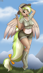 Size: 2500x4189 | Tagged: safe, artist:an-tonio, oc, oc only, oc:sylvia evergreen, pegasus, anthro, unguligrade anthro, art trade, belly, belly button, boots, braided pigtails, clothes, female, flying, freckles, hair tie, hat, high res, looking at you, pale belly, peace sign, pegasus oc, ranger, shoes, short shirt, shorts, solo, uniform, white belly, wings
