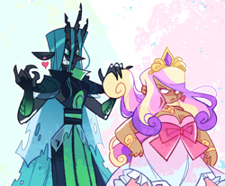 Size: 1280x1058 | Tagged: safe, artist:hoaxghost, princess cadance, queen chrysalis, changeling, human, g4, annoyed, belt, bracelet, breasts, busty princess cadance, chubby, clothes, crown, dark skin, dress, duo, ear piercing, earring, female, grin, heart, horn, horned humanization, humanized, infidelity, jewelry, lesbian, piercing, regalia, ship:cadalis, shipping, simple background, smiling, white background, winged humanization, wings