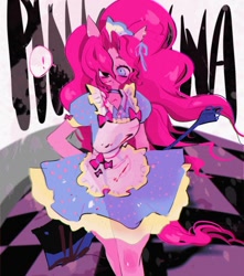 Size: 1050x1190 | Tagged: safe, artist:raimugi____, pinkie pie, equestria girls, g4, clothes, dress, exclamation point, hair over one eye, maid, pinkamena diane pie, solo