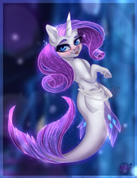 Size: 1280x1657 | Tagged: safe, artist:copshop, rarity, merpony, seapony (g4), unicorn, blue eyes, blushing, bubble, dorsal fin, eyelashes, eyeshadow, female, fish tail, flowing mane, flowing tail, glitter, horn, jewelry, lidded eyes, logo, looking at you, looking back, looking back at you, looking over shoulder, makeup, mare, necklace, ocean, open mouth, pearl necklace, purple hair, purple mane, seaponified, seapony rarity, seaquestria, smiling, smiling at you, solo, sparkling mane, species swap, swimming, tail, underwater, water