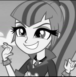 Size: 1080x1094 | Tagged: safe, edit, sonata dusk, equestria girls, g4, black and white, cute, grayscale, monochrome, smiling