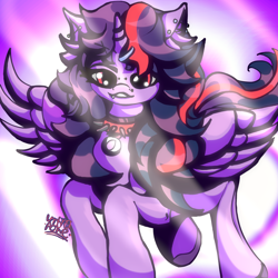 Size: 3000x3000 | Tagged: safe, artist:umbrapone, twilight sparkle, alicorn, pony, g4, abstract background, collar, crepuscular rays, cute, cute little fangs, ear fluff, ear piercing, fangs, flying, hairclip, hairpin, high res, hooves, messy mane, nose piercing, piercing, signature, smuglight sparkle, solo, spiked collar, twilight sparkle (alicorn)