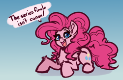 Size: 4000x2600 | Tagged: safe, artist:witchtaunter, pinkie pie, earth pony, pony, g4, chest fluff, commission, ear fluff, female, fluffy, gradient background, looking at you, lying down, mare, open mouth, open smile, prone, shoulder fluff, smiling, smiling at you, solo, speech bubble