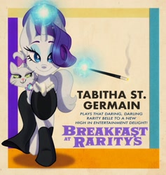 Size: 1583x1668 | Tagged: safe, artist:carouselunique, opalescence, rarity, cat, pony, unicorn, g4, breakfast at tiffany's, cigarette, cigarette holder, clothes, dress, februpony, female, jewelry, looking at you, magic, mare, necklace, parody, socks, solo, tabitha st. germain, telekinesis