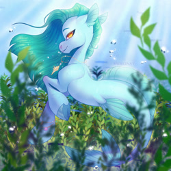 Size: 1280x1280 | Tagged: safe, artist:sadelinav, oc, oc only, merpony, siren, bubble, commission, crepuscular rays, digital art, dorsal fin, featured image, female, fins, fish tail, flowing mane, flowing tail, green mane, jewelry, looking at you, necklace, ocean, orange eyes, outdoors, seaweed, sexy, smiling, smiling at you, solo, sunlight, swimming, tail, underwater, water, ych result
