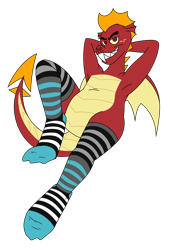 Size: 4500x6600 | Tagged: safe, artist:aaron amethyst, garble, dragon, anthro, g4, clothes, feet, fetish, foot fetish, male, male feet, simple background, sock fetish, socks, solo, stocking feet, stockings, striped socks, thigh highs, transparent background