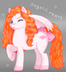 Size: 2335x2569 | Tagged: safe, artist:itslage, oc, oc only, pegasus, pony, bow, colored hooves, female, hair bow, high res, mare, one eye closed, raised hoof, solo, wings, wink