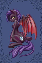 Size: 2000x3000 | Tagged: safe, artist:spacefur, oc, oc only, oc:dawn sentry, bat pony, pony, bat pony oc, bat wings, bedroom eyes, chest fluff, commission, female, high res, looking back, mare, rear view, sitting, solo, underhoof, wings, ych result