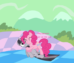 Size: 1708x1448 | Tagged: safe, artist:midnight--blitz, artist:wardex101, edit, pinkie pie, twilight sparkle, alicorn, earth pony, pony, g4, princess twilight sparkle (episode), ^^, chaos, crying, discorded, discorded landscape, discorded twilight, duo, duo female, eyes closed, female, folded wings, horn, hug, mare, one eye closed, pink mane, pink tail, sitting, smiling, tail, text, twilight sparkle (alicorn), twilight tragedy, wings