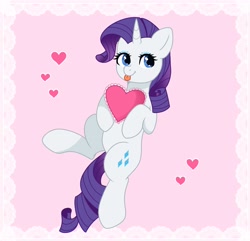 Size: 2056x1979 | Tagged: safe, artist:arllistar, rarity, pony, unicorn, g4, :p, cute, female, heart, holiday, mare, pillow, raised leg, raribetes, solo, tongue out, valentine's day, ych example, your character here