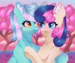 Size: 2048x1716 | Tagged: safe, artist:arllistar, bon bon, lyra heartstrings, sweetie drops, earth pony, pony, unicorn, g4, adorabon, cute, duo, ear fluff, female, hug, lesbian, looking at each other, looking at someone, lyrabetes, open mouth, open smile, ship:lyrabon, shipping, smiling, tree