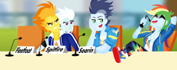 Size: 1000x394 | Tagged: safe, artist:celestia2590, fleetfoot, rainbow dash, soarin', spitfire, human, equestria girls, g4, clothes, converse, feet on table, female, hoodie, male, microphone, ship:soarindash, shipping, shoes, sneakers, straight, sunglasses, wonderbolts