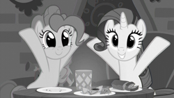 Size: 1280x720 | Tagged: safe, edit, edited screencap, screencap, pinkie pie, rarity, g4, spice up your life, duo, hooves in air