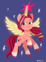 Size: 768x1024 | Tagged: safe, artist:efuji_d, sunny starscout, alicorn, earth pony, pony, g5, my little pony: a new generation, alicornified, artificial horn, artificial wings, augmented, female, flying, horn, magic, magic horn, magic wings, mane stripe sunny, mare, race swap, smiling, solo, sunnycorn, unshorn fetlocks, wings