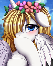 Size: 1424x1764 | Tagged: safe, artist:pridark, oc, oc only, alicorn, pony, alicorn oc, blushing, floral head wreath, flower, hair over one eye, horn, solo, wings